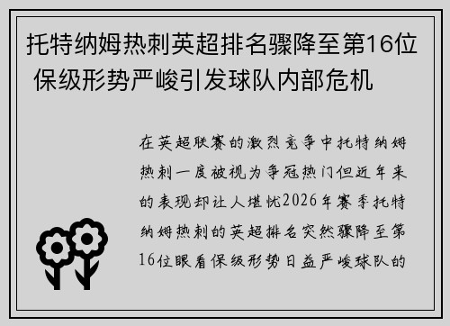 托特纳姆热刺英超排名骤降至第16位 保级形势严峻引发球队内部危机