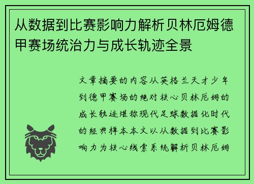 从数据到比赛影响力解析贝林厄姆德甲赛场统治力与成长轨迹全景